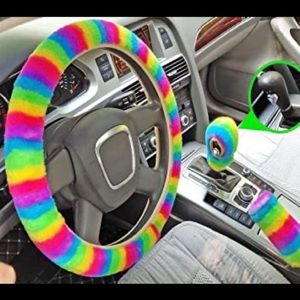 vibrant rainbow faux fur steering wheel cover kit